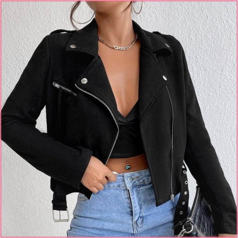 Black Zip Up Cropped Moto Biker Jacket